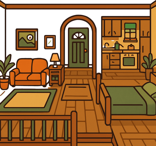 The inside of a quiet and peaceful house with no people inside.
In-Game asset.  2d.  High contrast.  No shadows