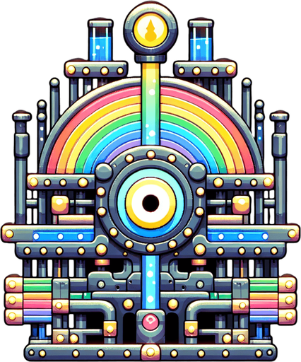 Vue de face centrée d'une machine magique en forme de pièce montée arc-en-ciel avec une petite entrée d'alimentation en bas au milieu, un très grand hublot central et un tube transparent dirigé vers le haut..
Single Game Texture.  In-Game asset.  2d.  Blank background.  High contrast.  No shadows