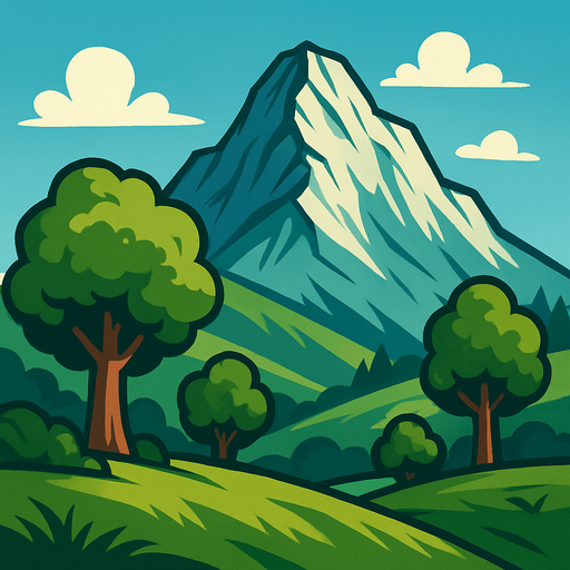 ağaçlı, çimenli dağ..
In-Game asset.  2d.  High contrast.  No shadows