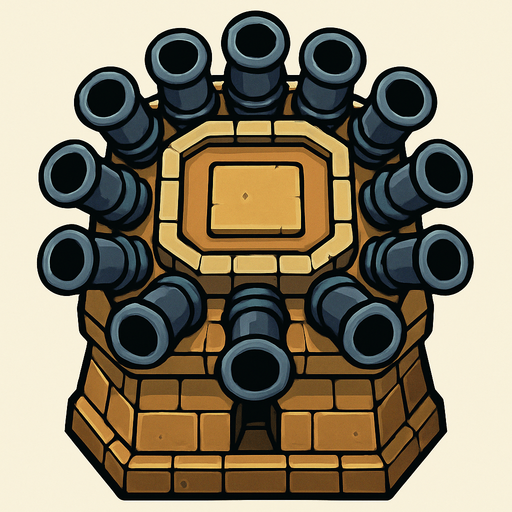 torre con 10 cañones desde arriba.
In-Game asset.  2d.  High contrast.  No shadows