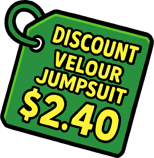 green price tag that says discount velour jumpsuit $2.40.
In-Game asset.  2d.  High contrast.  No shadows