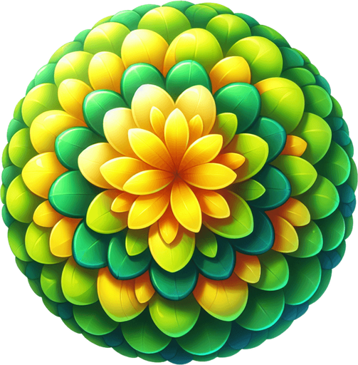 A round green and yellow flower. Top down view.
Single Game Texture. In-Game asset. 2d. Blank background. High contrast. No shadows.