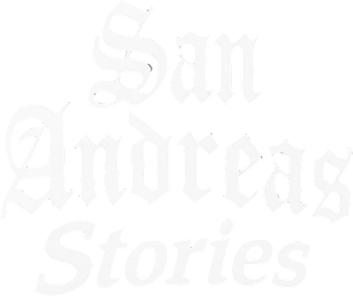 letras blancas con un contorno negro con cursiva. que dicen san andreas stories
In-Game asset.  2d.  High contrast.  No shadows con el tipo de letra del el juego gta san andreas