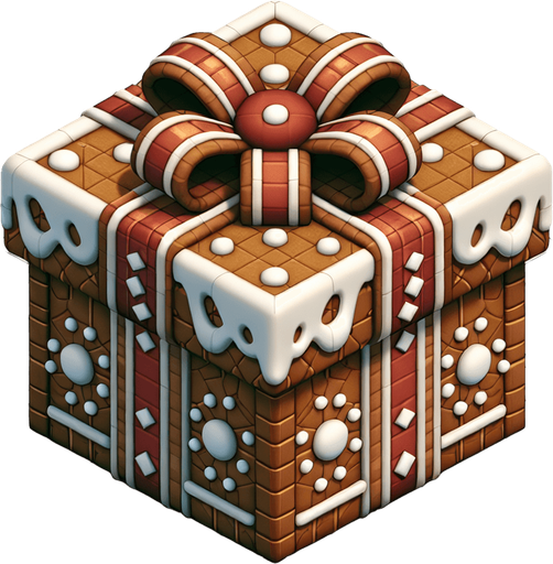 A big gingerbread christmas gift, isometric view Single Game Texture. In-Game asset. 2d. Blank background. High contrast. No shadows.