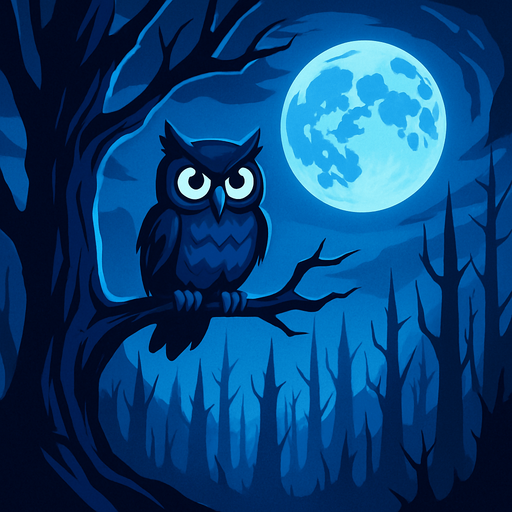 Scary blue background of forest, moon, small owl on tree, HD colors.
In-Game asset.  2d.  High contrast.  No shadows