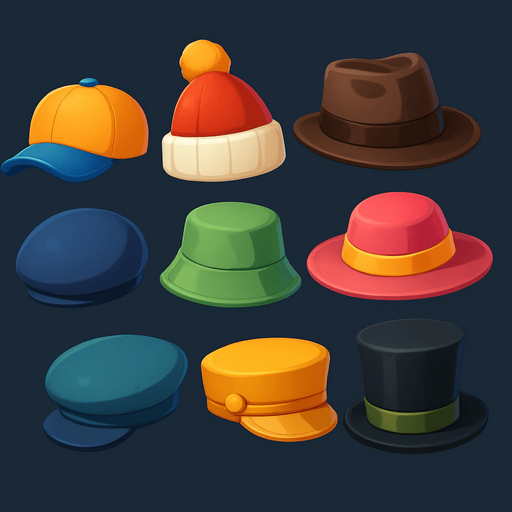 Pack of different hats.
In-Game asset.  High contrast.  No shadows. 3D