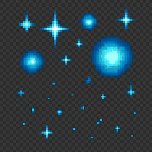"2D pixel art of glowing blue sparkle effects. Multiple soft, magical blue glows of different sizes are scattered across the canvas, each with a bright core and a gentle radiant halo. Some glows are small star-like sparkles, while others are circular energy pulses or twinkling particles. The blue tones range from light cyan to deep magical blue, giving the effect a mystical and fantasy feel. Designed in a clean, classic 16-bit RPG pixel art style. Transparent background.".
In-Game asset.  2d.  High contrast.  No shadows
