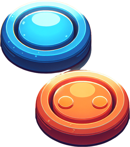 2 boutons de jeu vidéo ronds, un bleu et un orange, vides, style jeu vidéo, vue de dessus
