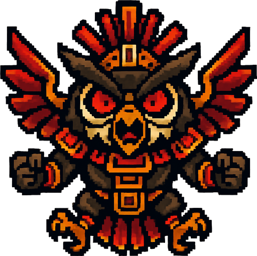 Genérame una Buho de anteojos guerrero azteca con eso patrones, estilo pixelar, con una apariencia maligna, ojos rojos, rabioso. Unidad aerea con alas. Animal.
In-Game asset.  2d.  High contrast.  No shadows