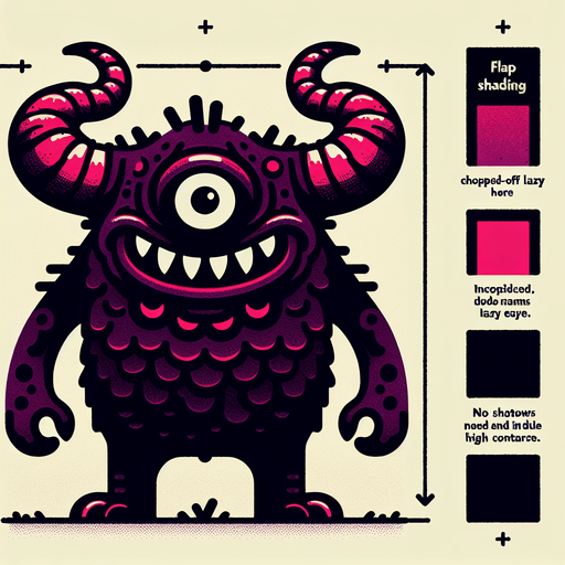 monster in flat shading style. Monster has chopped off horns and has lazy eye with scary teeth. think black borders
Single Game Texture.  In-Game asset.  2d.  Blank background.  High contrast.  No shadows