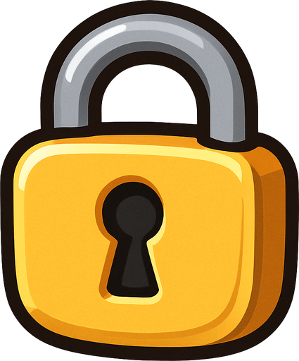 A small, flat 2D padlock icon designed for mobile games. The lock should be cartoon-style with a rounded body, thick outline, and a keyhole in the center. Use soft shadows and a slight 3D effect. The color should be golden yellow or metallic gray, clearly visible when placed over a flag. The icon must have a transparent background and be suitable for overlaying on a world map UI in a kids’ adventure game..
In-Game asset.  2d.  High contrast.  No shadows