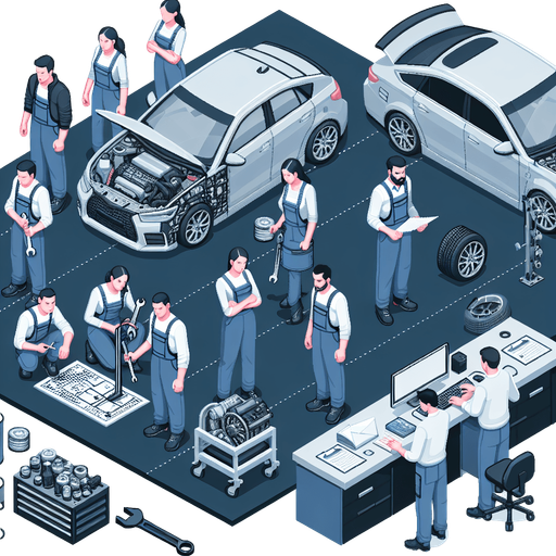 A garage with employees who can repair the cars.
Single Game Texture. In-Game asset. 2d. Blank background. High contrast. No shadows.