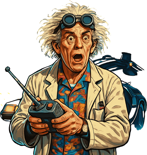 A realistic digital portrait of an eccentric elderly scientist with wild, white, frizzy hair and expressive eyebrows, wearing retro-futuristic goggles on his forehead, a white lab coat over a colorful 1980s shirt, and holding a futuristic remote control device. The background features a glowing DeLorean time machine with lightning and sparks. The character looks surprised and excited, with wide eyes and a dramatic pose. Cinematic lighting, hyper-detailed, 4K resolution, concept art style, inspired by 1980s sci-fi movies..
In-Game asset.  2d.  High contrast.  No shadows