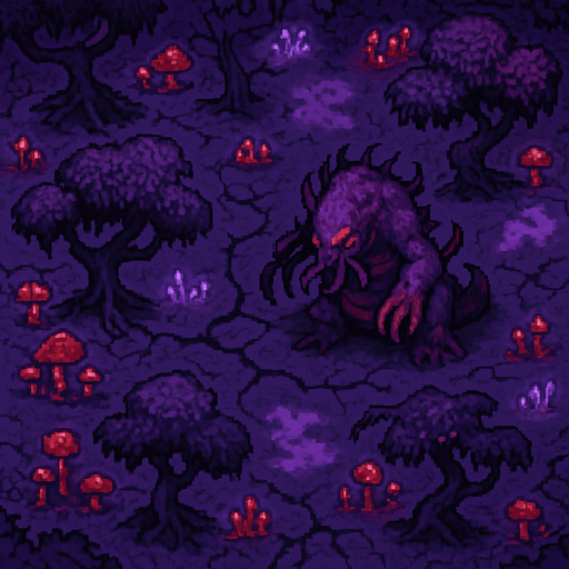 “Top-down 2D pixel art of a corrupted purple biome with twisted terrain and glowing fungal elements. A monstrous purple creature stands or crawls among deformed trees with dark trunks and sickly foliage. The environment is filled with warped nature: crooked trees, glowing red or violet plants, cracked soil with dark veins, and scattered patches of toxic mist. The monster has a grotesque form, with tentacles or spines, and a faint red glow. The scene is rich in environmental details, designed as a high-quality overworld area in a dark fantasy pixel art game.”.
In-Game asset.  2d.  High contrast.  No shadows