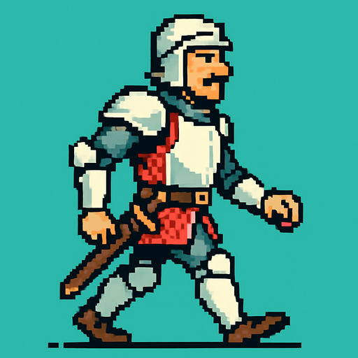 şovalye kıyafetli orta yaşlı bir adam belinde kılıcıyla sağdan sola yürür gibi.
In-Game asset.  2d.  High contrast.  No shadows