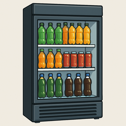 İçindeki içecekler görünen, meşrubat dolabı, gerçekçi - yazısız.
In-Game asset.  2d.  High contrast.  No shadows
