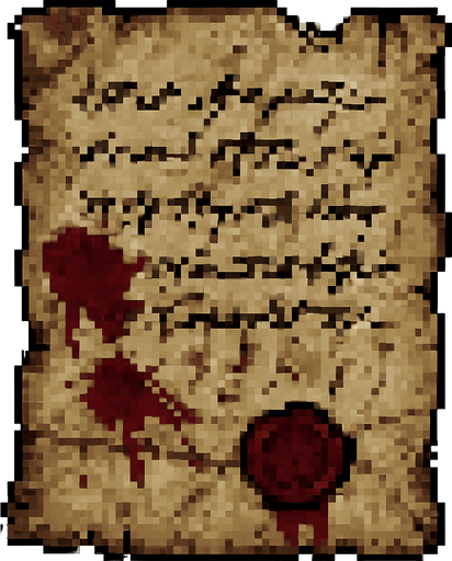 Create a pixel-art item of an old, mysterious letter for a horror-themed 2D game. The letter should be a yellowed, slightly torn piece of parchment with faded ink handwriting on it. Include smudges, old blood stains, or water damage for a haunting effect. The handwriting should look rushed or distressed. Fold marks or a wax seal (partially broken) can be added as details. It should look like something found in an abandoned house or crypt. PNG format with transparent background, suitable for inventory or collectible items..
In-Game asset.  2d.  High contrast.  No shadows