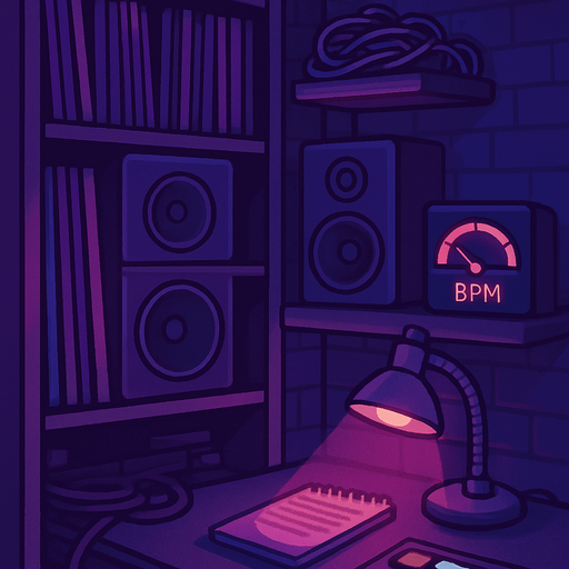 A 2048x2732 vertical pixel art background for a settings screen in a pixel-art rhythm game. The scene shows a cozy side corner of the same DJ studio seen in the main menu, with shelves full of vinyls, tangled audio cables, studio monitors, and an analog BPM dial glowing softly. A small desk lamp casts a warm light over a notepad and some buttons. The lighting is purple and blue, calm and focused. The mood is quiet, technical, and slightly futuristic — perfect for adjusting settings..
In-Game asset.  2d.  High contrast.  No shadows