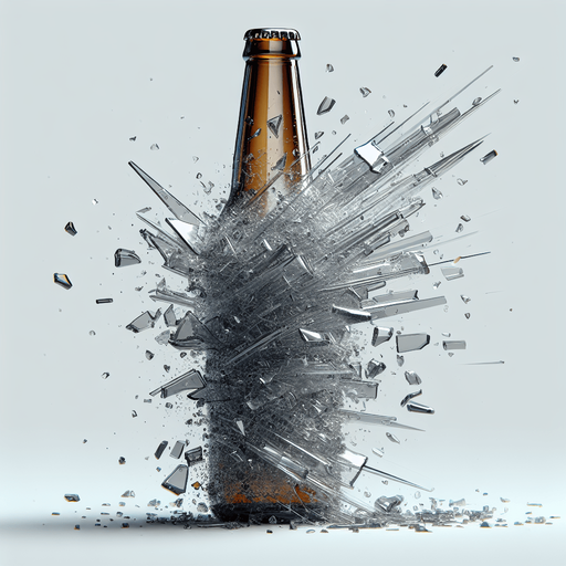vertical exploded glass beer bottle.
Single Game Texture. In-Game asset. 2d. Blank background. High contrast. No shadows.