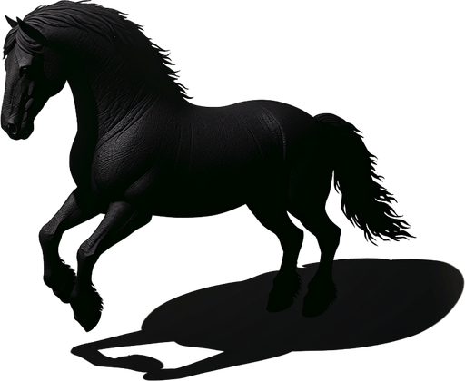 Black horse.
Single Game Texture.  In-Game asset.  2d.  Blank background.  High contrast.  No shadows