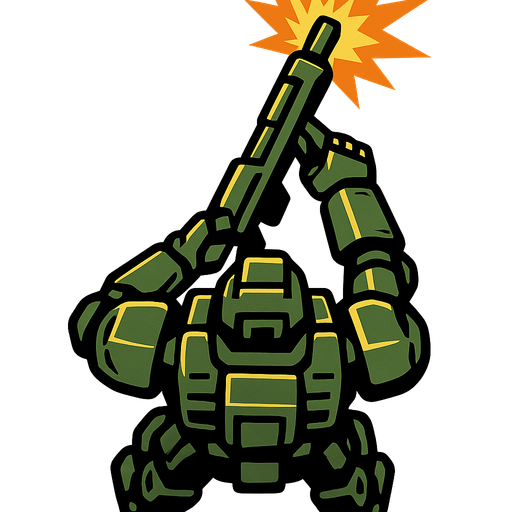 vertical top down style image. military robot shoot upwards front.
In-Game asset.  2d.  High contrast.  No shadows