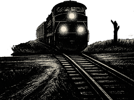 A train is coming down a narrow railway track that cuts through a rural road, surrounded by trees and open fields. It's early morning with light mist, headlights of the train glowing, and a sense of motion as the train approaches..
2d.  High contrast