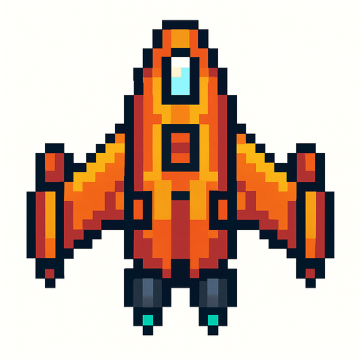 aşağı doğru bakan pixel art bir uzay gemisi.
In-Game asset.  2d.  High contrast.  No shadows