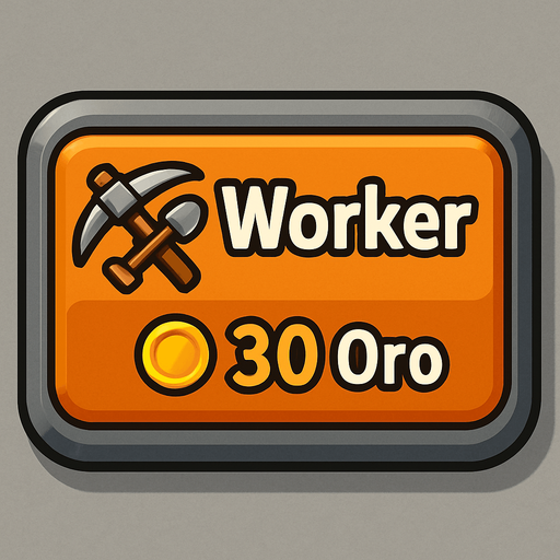 Crea un botón interactivo UI estilo 2D renderizado, limpio y cartoonish. Debe tener contornos definidos, colores vibrantes y sombreado que dé volumen. Será un rectángulo con esquinas ligeramente redondeadas, coherente con el botón de Torre. El fondo del botón será sólido y neutro (metal/piedra sutil), similar al botón de Torre para mantener coherencia UI.

El botón debe contener:

Texto Principal: La palabra "Worker" (Trabajador) claramente visible en la parte superior central.

Icono Secundario (Opcional): Un símbolo estilizado que represente el trabajo o recolección (ej. un pico y una pala cruzados, o un casco de minero), ubicado a la izquierda del texto "Worker" (o a la derecha, si el diseño lo favorece).

Precio: El texto "30 Oro" (o símbolo de oro y "30") claramente visible en la parte inferior central (o en una esquina inferior). Este precio debe ser una parte integral del diseño del botón (mismo asset).

Los colores de texto/icono deben contrastar claramente con el fondo (ej. bl.
In-Game asset.  2d.  High contrast.  No shadows