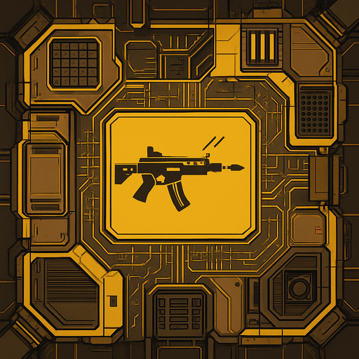 2D Top floor of complicated tower facing the screen to use it as a grid. future. Cyberpunk. abstract. seen from above. HD colors. Yellow & brown colors. No Diagonal assets. Big logo of a Rifle firing on the middle of it.