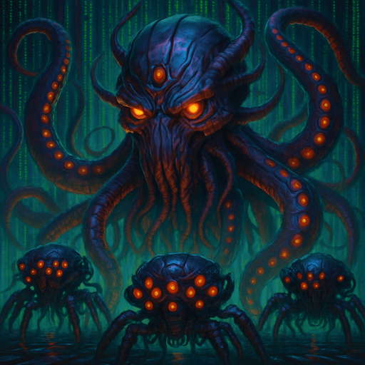 Giant head cyberpunk robot squid demon giant head tentacles behind matrix sentinels