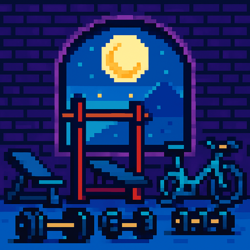 pixel tarzda ay ışığı temalı bir gym salonu çiz.
In-Game asset.  2d.  High contrast.  No shadows. pixel gym salonu