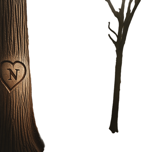 Photorealistic landscape in the New York central park. 
Show the forest and on the trunk of the very first tree, a heart should be carved into it and the letter N in the heart.