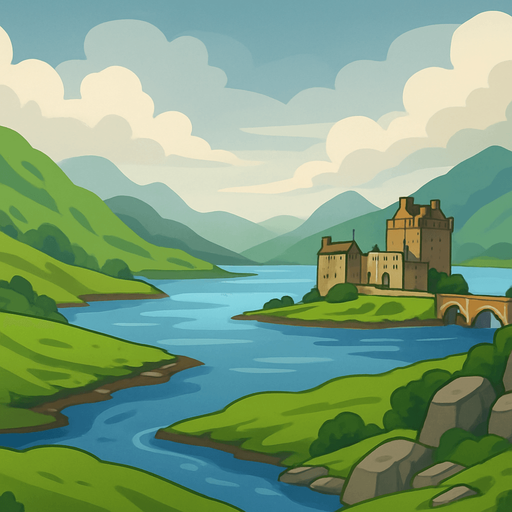 A 2D cartoon-style background inspired by the scenic landscapes of Scotland. Include lush green hills, rocky cliffs, a winding river or loch, and a historic Scottish castle in the distance (like Eilean Donan). Add some rolling mist or cloudy skies for atmosphere. Style should be colorful, clean, and game-friendly — flat illustration or soft-shaded vector. Ideal for a music game featuring bagpipes. Export as a wide landscape (1920x1080) with transparent or fixed background, no text or UI..
In-Game asset.  2d.  High contrast.  No shadows