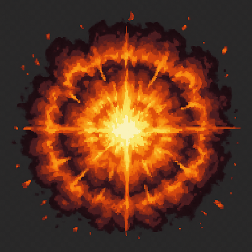 "High-quality 2D pixel art of a large magical explosion. The explosion is circular with a dense, fiery core made of layered orange, yellow, and white flames. Surrounding the core are expanding rings of fire and smoke, forming a symmetrical, radial burst pattern. The edges are rough and scattered with glowing embers and pixelated debris. The style mimics SNES-era fantasy RPG pixel effects, with vibrant colors and dramatic lighting. Transparent background.".
In-Game asset.  2d.  High contrast.  No shadows
