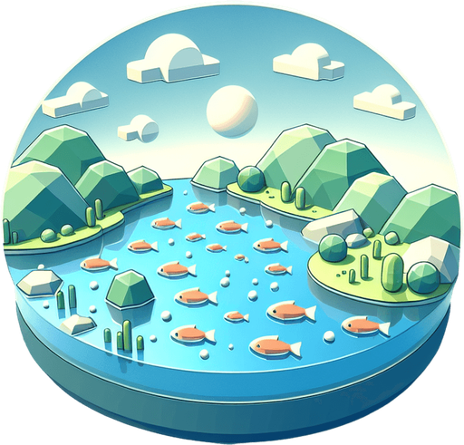 yuvarlak balıklı göl.
Single Game Texture.  In-Game asset.  2d.  Blank background.  High contrast.  No shadows