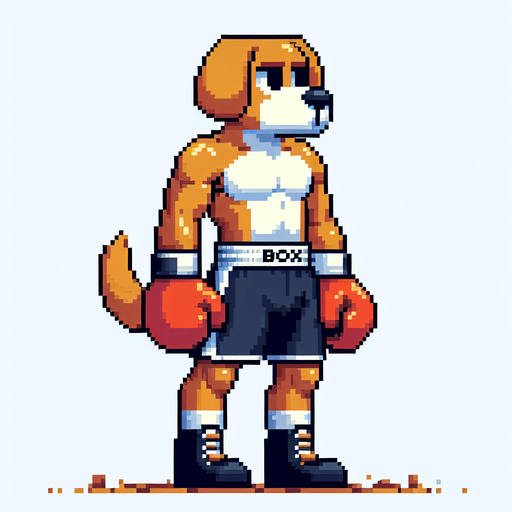 anthropomorphic dog wearing boxing shorts and boxing gloves, boxer, pixel art
Single Game Texture. In-Game asset. 2d. Blank background. High contrast. No shadows.