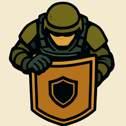 Üstten bakış agır kalkanlı kalkanı önüne tutmuş  modern asker.
In-Game asset.  2d.  High contrast.  No shadows