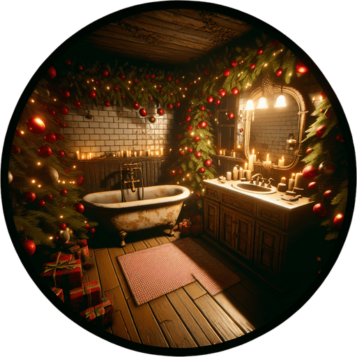 Eerie Christmas-inspired bathroom similar to a resident evil room
Single Game Texture. In-Game asset. 2d. Blank background. High contrast. No shadows.