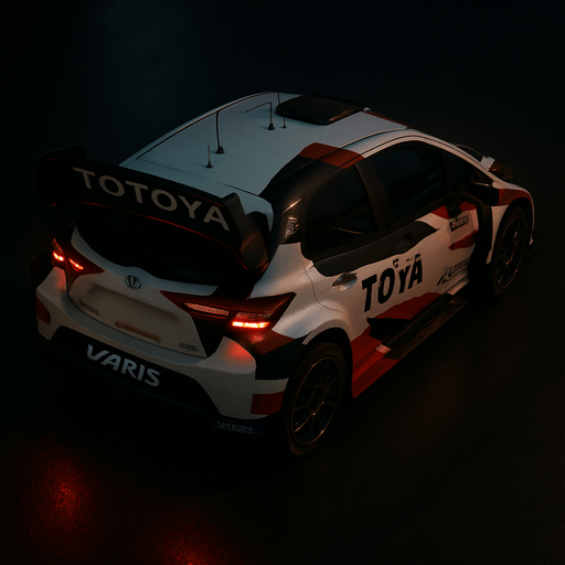 Photorealistic Toyota Yaris WRC in nightlight, drone topview FROM BACK and 45 degrees angle in top right corner. White body with some black and some red decals. Modify the TOYOTA to TOTOYA and other real sponsors to just similars.