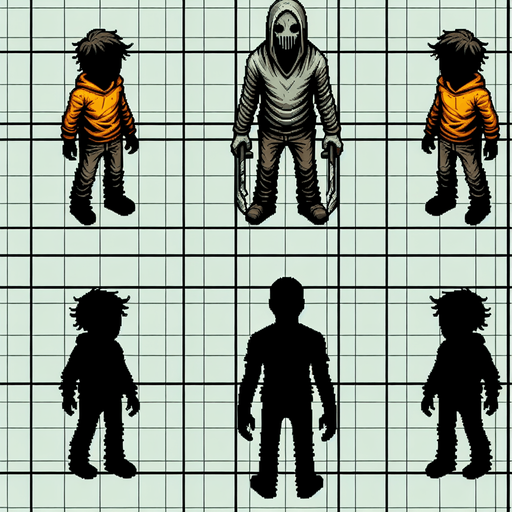 maak een horror player karakter van boven af
Single Game Texture. In-Game asset. 2d. Blank background. High contrast. No shadows.