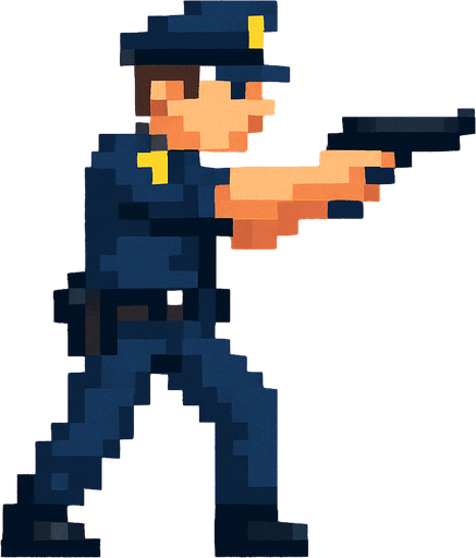 un policia  de cuerpo completo hecho con pixeles con persepectiva lateral apuntando con un arma
I
