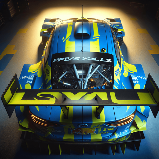 Hyperrealistic blue Subaru rally car with yellow liverys, top down view from the rear wing