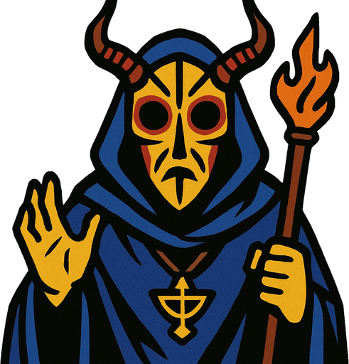 Mor perelinli bir büyücü yüzünde bir pagan maskesi var.
In-Game asset.  2d.  High contrast.  No shadows