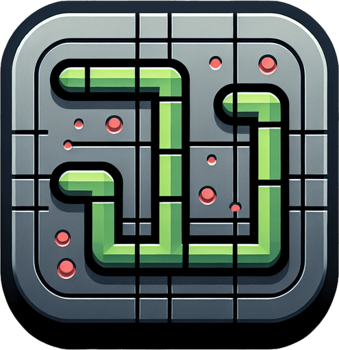 A square app store icon with rounded edges, designed for a hacking game about connecting a line. The icon features a highly angular, pixelated snake-like line in bright green, built from sharp, connected shapes aligned perfectly within a square grid. The snake's angular, segmented design conveys the strategic and technological theme of the game.

The background is a subtle dark gradient, transitioning from deep grey to black, with faint grid lines barely visible to suggest a digital environment. Scattered subtly in the background are tiny red dots, representing bugs, blending seamlessly into the design without overpowering the focus on the snake. The overall look is clean, modern, and sharp, embodying the futuristic and technical essence of the game..
Single Game Texture. In-Game asset. 2d. Blank background. High contrast. No shadows.