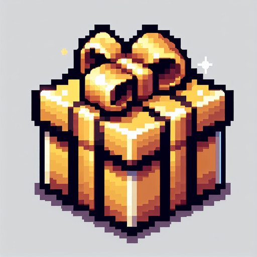 Pixel art of a golden christmas present. Single Game Texture. In-Game asset. 2d. Blank background. High contrast. No shadows.