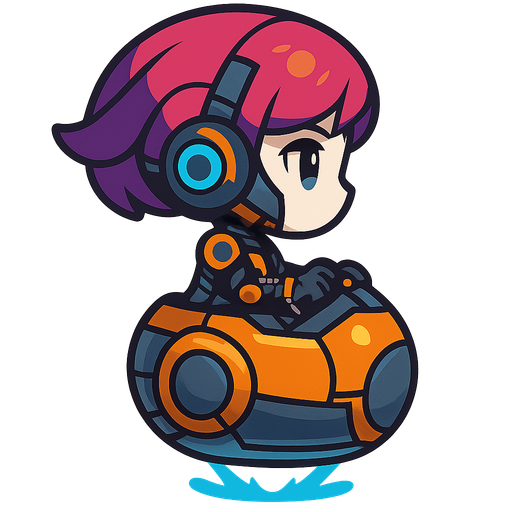 Side view, cute female cyberpunk robot, looking right, full body, chibi, riding in a hover sphere with energy glow at bottom, hands on controls
In-Game asset.  2d.  High contrast.  No shadows