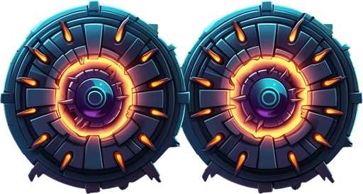Dark circular power up indicating double cannons.
Game Texture. In-Game asset. 2d. Pixelart. White background. Blank background. Low detail. High contrast.