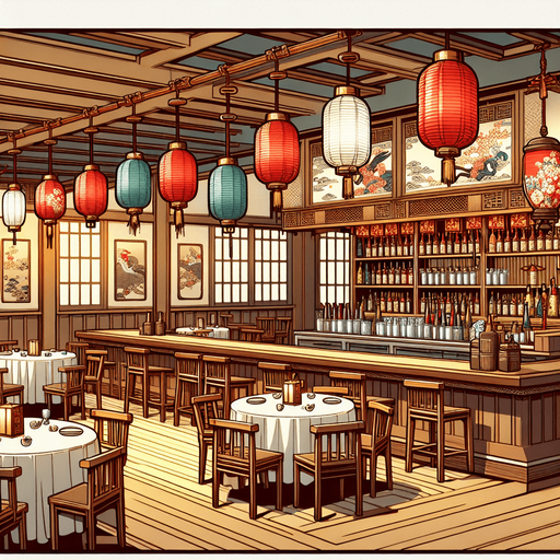 A restaurant background in a anime style.
Single Game Texture. In-Game asset. 2d. Blank background. High contrast. No shadows.