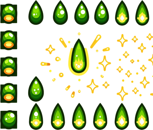 A sprite sheet of energy projectiles. Green projectiles tear shaped with yellow energy core.
Single Game Texture. In-Game asset. 2d. Blank background. High contrast. No shadows.