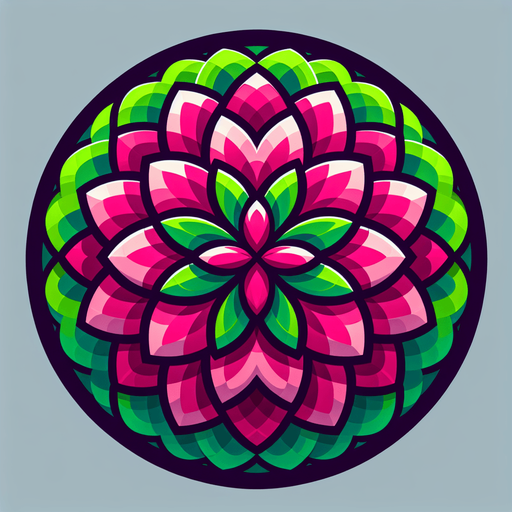 A round magenta and green flower. Top down view.
Single Game Texture. In-Game asset. 2d. Blank background. High contrast. No shadows.